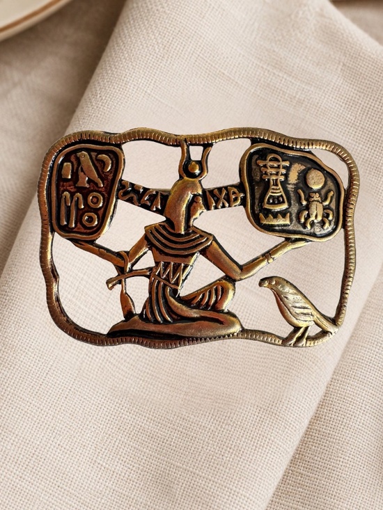 Vintage Jewelry - Vintage Egyptian Revival Gold Tone Brooch Hieroglyphic Deity Falcon Wall Relief